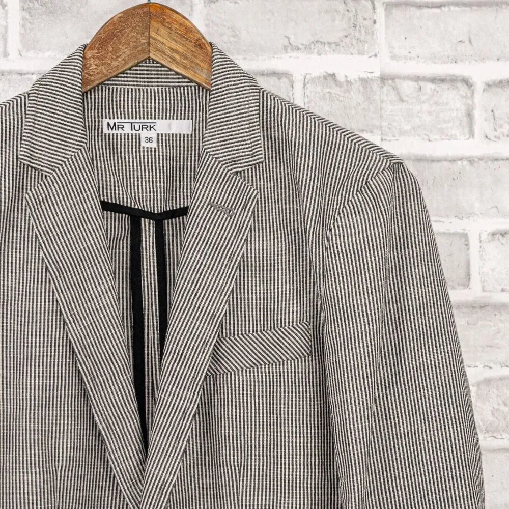 MR TURK Men's 2 button Blazer Jacket white gray striped Cotton size 36